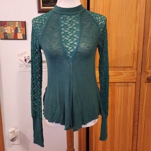 Intimately Free People Emerald Green Lace Stretch Mock Neck Long Sleeve Small